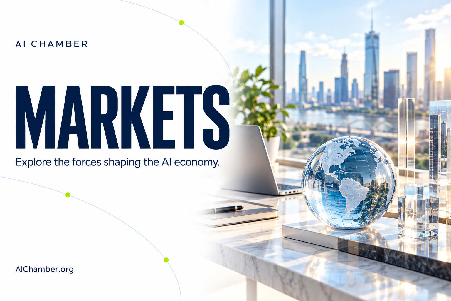AI Chamber Markets. Explore the forces shaping the AI economy. A globe, laptop, and glass towers illustrate international business.